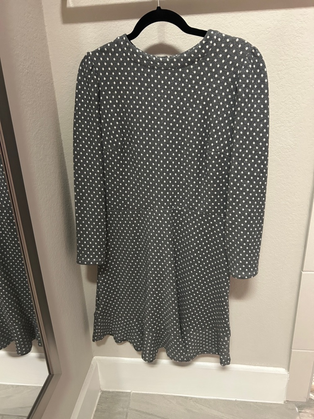 LOFT Gray Dress with White Polka Dots - Long Sleeve Fit-and-Flare